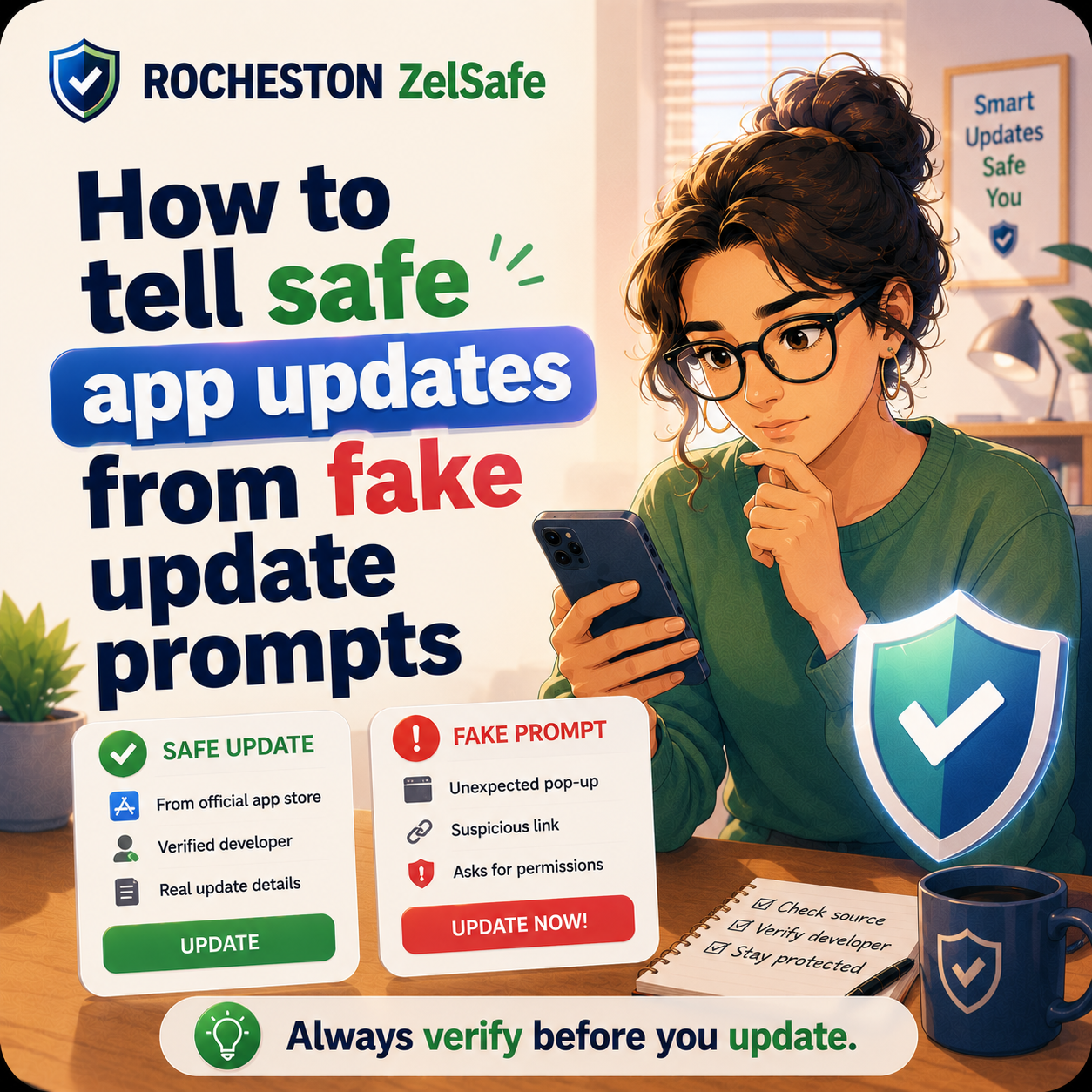 ZelSafe awareness card about telling safe app updates from fake update prompts